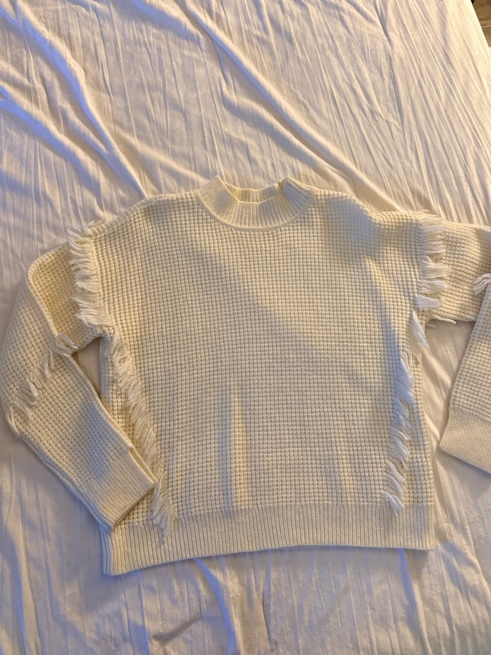 Michael Kors Cream Fringe Waffle-Knit Crew Neck Sweater